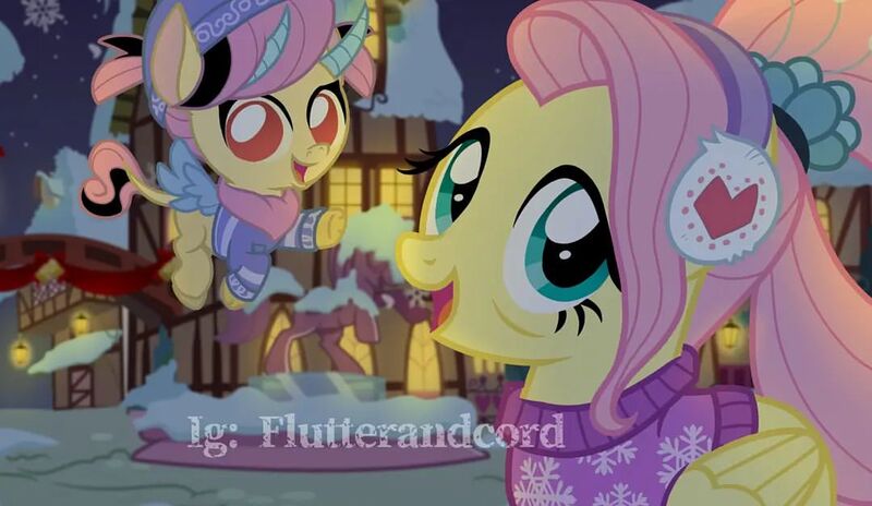 Size: 1080x627 | Tagged: safe, artist:flutterandcord, derpibooru import, fluttershy, hybrid, pegasus, pony, clothes, earmuffs, flower, flower in hair, flying, horn, image, implied discoshy, implied shipping, implied straight, interspecies offspring, jpeg, offspring, older, older fluttershy, parent:discord, parent:fluttershy, parents:discoshy, photo, scarf, show accurate, snow, snowflake, story in the source, sweater, watermark, winter