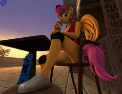 Size: 2777x2160 | Tagged: suggestive, artist:rainsstudio, derpibooru import, scootaloo, anthro, pegasus, plantigrade anthro, 3d, breasts, clothes, daisy dukes, drink, drinking, drinking straw, female, folded wings, hand on knee, hand on leg, image, knee pads, looking at you, nexgen, older, older scootaloo, png, shoes, shorts, sitting, skateboard, soda, solo, solo female, source filmmaker, tanktop, wings
