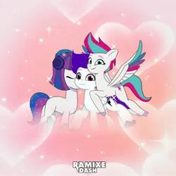 Size: 2560x2560 | Tagged: safe, artist:ramixe dash, derpibooru import, zipp storm, oc, oc:ramixe dash, pegasus, unicorn, g5, female, heart, image, jpeg, kissing, male, screencap background, ship:ramixestorm, watermark