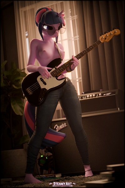 Size: 2560x3840 | Tagged: questionable, artist:phenioxflame, derpibooru import, sci-twi, twilight sparkle, anthro, dog, timber wolf, unicorn, 3d, barefoot, bass guitar, blender, breasts, clothes, feet, female, g4, glasses, guitar, image, musical instrument, nipples, nudity, partial nudity, png, puppy, remake, small breasts, topless, unicorn twilight