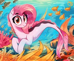 Size: 3991x3258 | Tagged: safe, artist:nevobaster, derpibooru import, oc, oc:koraru koi, unofficial characters only, fish, merpony, seapony (g4), bubble, coral, crepuscular rays, cute, digital art, dorsal fin, female, fin, fish tail, flowing mane, flowing tail, gills, happy, image, looking at you, ocean, png, scales, seaweed, smiling, smiling at you, solo, sunlight, swimming, tail, teeth, underwater, water