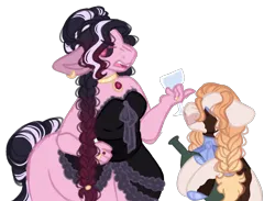 Size: 2644x1938 | Tagged: safe, artist:pixiesimm, derpibooru import, oc, oc:cross to bear, oc:mystic rose, unofficial characters only, centaur, pony, taur, bottle, ear piercing, earring, female, glass, image, jewelry, magical gay spawn, mare, offspring, parent:flash magnus, parent:lord tirek, piercing, png, simple background, transparent background, wine glass