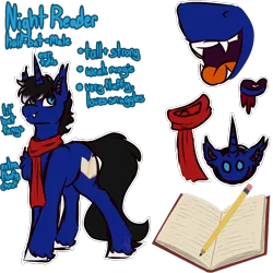 Size: 1280x1280 | Tagged: safe, artist:fluffyghost, derpibooru import, oc, oc:night reader, unofficial characters only, bat pony, unicorn, clothes, cute, cute little fangs, fangs, image, male, png, reference sheet, scarf