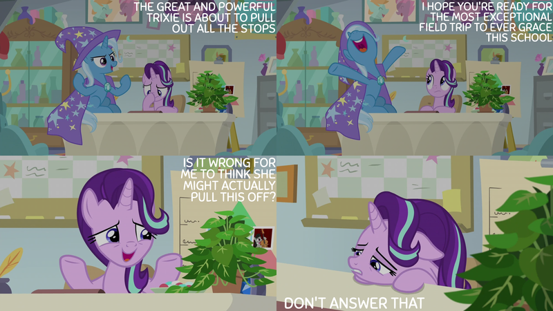 Size: 2000x1125 | Tagged: safe, derpibooru import, edit, edited screencap, editor:quoterific, screencap, phyllis, starlight glimmer, trixie, a horse shoe-in, image, inkwell, png, quill, starlight's office