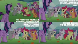 Size: 2000x1125 | Tagged: safe, derpibooru import, edit, edited screencap, editor:quoterific, screencap, alula, apple bloom, chipcutter, pluto, ruby pinch, scootaloo, sweetie belle, tornado bolt, twilight sparkle, twilight sparkle (alicorn), alicorn, fame and misfortune, aura (g4), cutie mark crusaders, friendship journal, image, png