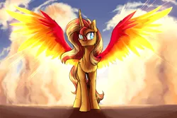 Size: 3000x2000 | Tagged: safe, artist:not-ordinary-pony, derpibooru import, sunset shimmer, alicorn, pony, cloud, derpibooru exclusive, female, image, mare, png, smiling, solo, spread wings, wings