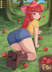 Size: 2480x3425 | Tagged: safe, alternate version, artist:focusb, derpibooru import, apple bloom, human, :o, adorabloom, adorasexy, apple, apple tree, ass, bloom butt, blushing, boots, bow, breasts, bucket, busty apple bloom, butt, clothes, cute, denim, denim shorts, female, food, g4, hair bow, high res, humanized, image, jpeg, looking at you, older, older apple bloom, open mouth, sexy, shirt, shoes, shorts, solo, solo female, text, tree