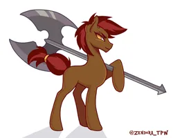 Size: 2500x2000 | Tagged: safe, artist:zendora, oc, oc:red heart, unofficial characters only, earth pony, pony, axe, battle axe, earth pony oc, female, image, looking at you, mare, my little friendship: generations are magic, png, simple background, smug, solo, weapon, white background