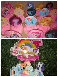 Size: 2400x3195 | Tagged: safe, derpibooru import, applejack, fluttershy, lyra heartstrings, pinkie pie, queen chrysalis, rainbow dash, rarity, spike, twilight sparkle, birthday, collage, cupcake, food, g4, image, irl, jpeg, photo, pinkamena diane pie, rainbow