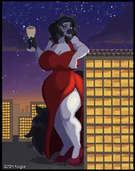 Size: 3000x3808 | Tagged: safe, artist:autumnmelody, derpibooru import, oc, oc:oretha, anthro, building, champagne glass, city, clothes, dress, happy new year, holiday, image, macro, new years eve, png