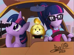 Size: 4160x3118 | Tagged: safe, artist:tidmouthmilk12, derpibooru import, twilight sparkle, twilight sparkle (alicorn), alicorn, dog, human, pony, equestria girls, animal crossing, car, car interior, crossover, driving, glasses, hoof on chin, image, isabelle, meme, nintendo switch, png, signature, twolight