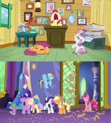 Size: 850x940 | Tagged: safe, derpibooru import, edit, edited screencap, screencap, apple bloom, applejack, fluttershy, pinkie pie, rainbow dash, rarity, scootaloo, spike, sweetie belle, twilight sparkle, twilight sparkle (alicorn), alicorn, dragon, earth pony, pegasus, pony, unicorn, castle sweet castle, the last crusade, clubhouse, confetti, crusaders clubhouse, crying, cutie mark crusaders, eyes closed, female, filly, foal, image, jpeg, laughing, male, mane seven, mane six, mare, twilight's castle