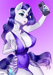 Size: 1614x2283 | Tagged: suggestive, artist:zhadart, derpibooru import, rarity, anthro, unicorn, absolute cleavage, big breasts, breasts, busty rarity, cleavage, clothes, cutie mark, dress, ear piercing, eyeshadow, female, gradient background, image, lipstick, makeup, mobile phone, painted nails, phone, piercing, png, selfie, side slit, sitting, smartphone, solo, solo female, total sideslit