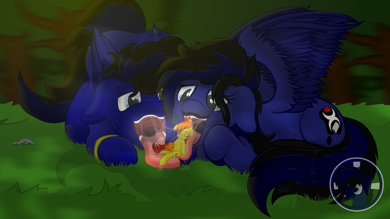 Size: 3840x2160 | Tagged: suggestive, artist:blackholestudios, derpibooru import, oc, oc:blackhole, oc:blaze inferno, oc:nixie, unofficial characters only, earth pony, pegasus, pony, blue eyes, cutie mark, drool, drool string, earth pony oc, female, forest, grass, image, jewelry, lipstick, male, mare, mare oc, mawshot, micro, nature, open mouth, pegasus oc, png, ring, siblings, spread wings, stallion, stallion oc, tail, tree, twins, uvula, vore, wedding ring, wings