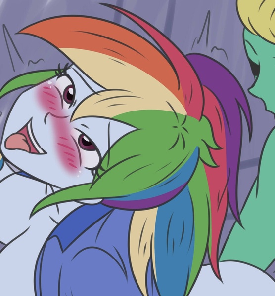 Size: 1412x1523 | Tagged: questionable, artist:sumin6301, derpibooru import, rainbow dash, zephyr breeze, human, equestria girls, ahegao, bent over, blushing, blushing profusely, breasts, busty rainbow dash, butt, cropped, explicit source, exposed breasts, eyebrows, eyebrows visible through hair, image, implied sex, implied shipping, jpeg, multicolored hair, neck, open mouth, pleasure, ponytail, purple background, shaking, simple background, teeth, tongue out