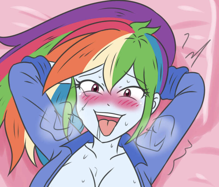 Size: 1831x1567 | Tagged: questionable, artist:sumin6301, derpibooru import, rainbow dash, human, equestria girls, arm behind head, blue jacket, blushing, blushing profusely, breasts, busty rainbow dash, clothes, cropped, cropped porn, drool, drool string, explicit source, exposed breasts, eye, eyebrows, eyebrows visible through hair, eyes, female, image, jacket, jpeg, lying down, multicolored hair, neck, open mouth, pink background, pleasure, simple background, solo, solo female, stupid sexy rainbow dash, teeth, tongue out, unzipped