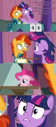Size: 2000x4501 | Tagged: safe, derpibooru import, edit, edited screencap, screencap, pinkie pie, sunburst, twilight sparkle, twilight sparkle (alicorn), alicorn, earth pony, pony, unicorn, a trivial pursuit, alternate ending, angry, caption, comic, facial hair, female, floppy ears, glasses, goatee, guilty, how it should have ended, image, magic, magic aura, male, mare, messy mane, png, regret, sad, screencap comic, stallion, text, yelling