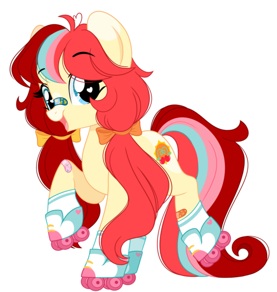 Size: 1809x1906 | Tagged: safe, artist:emberslament, derpibooru import, oc, oc:cheery jubilee, unofficial characters only, earth pony, pony, bandage, bandaid, bandaid on nose, blaze (coat marking), bow, coat markings, cute, derpibooru exclusive, earth pony oc, facial markings, female, hair bow, heart, heart eyes, image, mare, pigtails, png, roller skates, simple background, skates, solo, transparent background, twintails, wingding eyes