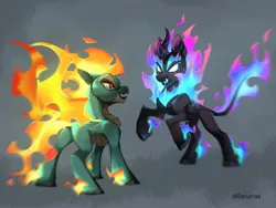 Size: 1440x1080 | Tagged: safe, artist:anoraknr, derpibooru import, dragon, hybrid, kirin, longma, nirik, them's fightin' herds, community related, fiery wings, image, jpeg, looking at each other, looking at someone, mane of fire, tail, tail of fire, tianhuo (tfh), wings