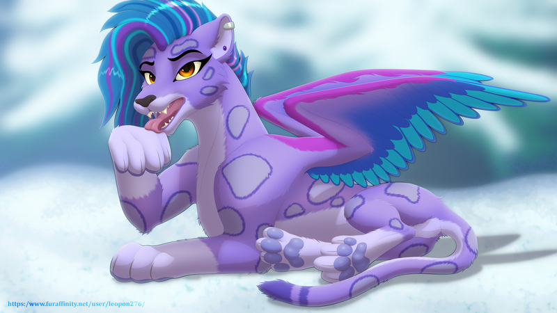 Size: 2560x1440 | Tagged: safe, artist:leopon276, derpibooru import, big cat, leopard, snow leopard, g5, allura, cute, ear piercing, fanart, image, jpeg, looking at you, paw pads, paws, piercing, snow, toe beans, underpaw