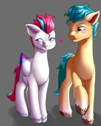Size: 1016x1260 | Tagged: safe, artist:serovibes, derpibooru import, hitch trailblazer, zipp storm, earth pony, pegasus, pony, g5, blushing, duo, duo male and female, female, flirting, folded wings, heart, image, looking at someone, male, mare, png, ship:stormblazer, shipping, simple background, smiling, stallion, straight, wings