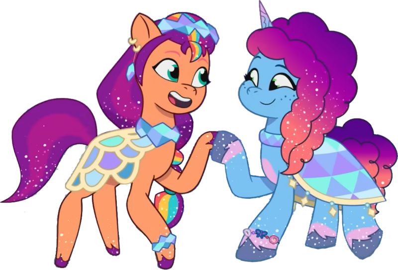 Size: 1022x694 | Tagged: safe, artist:pascalmulokozi2, derpibooru import, edit, edited screencap, screencap, sunny starscout, earth pony, pony, unicorn, g5, my little pony: tell your tale, spoiler:g5, spoiler:my little pony: tell your tale, spoiler:tyts01e68, background removed, crystal ball (episode), dancing, duo, female, image, looking at each other, looking at someone, mare, misty brightdawn, png, shipping fuel, simple background, transparent background