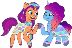 Size: 1022x694 | Tagged: safe, artist:pascalmulokozi2, derpibooru import, edit, edited screencap, screencap, sunny starscout, earth pony, pony, unicorn, g5, my little pony: tell your tale, spoiler:g5, spoiler:my little pony: tell your tale, spoiler:tyts01e68, background removed, crystal ball (episode), dancing, duo, female, image, looking at each other, looking at someone, mare, misty brightdawn, png, shipping fuel, simple background, transparent background