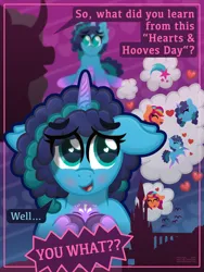 Size: 4400x5864 | Tagged: safe, artist:sol-r, derpibooru import, sunny starscout, alicorn, earth pony, pony, unicorn, g5, blushing, comic, cutie mark, dialogue, female, heart, heart eyes, hearts and hooves day, image, lesbian, mare, misty brightdawn, opaline arcana, opaline's dark castle, png, ship:sunnydawn, shipping, thought bubble, wingding eyes