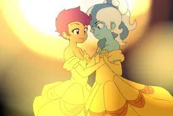 Size: 1280x854 | Tagged: safe, artist:lirudraw, derpibooru import, scootaloo, oc, oc:jemimasparkle, human, equestria girls, belle, canon x oc, clothes, dancing, dress, duo, ear piercing, earring, female, gown, holding hands, humanized, image, jewelry, jpeg, looking at each other, looking at someone, piercing, smiling, smiling at each other