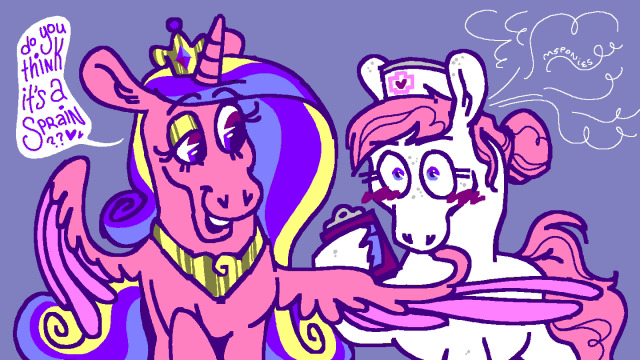 Size: 640x360 | Tagged: safe, artist:msponies, derpibooru import, nurse redheart, alicorn, earth pony, dialogue, female, hat, horn, image, lesbian, looking at each other, looking at someone, nurse hat, peytral, png, ship:redance, simple background, speech bubble, wings