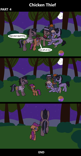Size: 1920x3688 | Tagged: semi-grimdark, artist:platinumdrop, derpibooru import, biff, derpy hooves, doctor caballeron, scootaloo, withers, earth pony, pegasus, pony, comic:chicken thief, 3 panel comic, abuse, angry, antagonist, background pony, bad end, blank flank, bleeding, blood, bloody mouth, bridle, captive, captured, clothes, comic, commission, crying, cute, damsel in distress, derpybuse, devious smile, dialogue, dripping, dripping blood, fear, fedora, female, filly, foal, foal abuse, folded wings, g4, grabbing, grass, hair grab, hat, henchmen, image, kidnapped, lead, looking at you, lying down, male, mare, messy mane, moon, mouth hold, neckerchief, night, nosebleed, open mouth, ouch, outdoors, pain, png, prone, punch, rogue (g4), rope, scared, scootabuse, shirt, shirt with a collar, sideburns, sky, smug, smug smile, speech bubble, stallion, stepped on, stubble, sunglasses, tack, tears of fear, tears of pain, this will not end well, tree, upset, vest, violence, wall of tags, wings, yelling