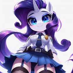 Size: 1024x1024 | Tagged: suggestive, ai content, derpibooru import, machine learning generated, rarity, anthro, badge, belt, belt buckle, blushing, breasts, clothes, female, garter belt, garters, image, jpeg, looking at you, looking down, necktie, panties, police, police officer, police uniform, simple background, skirt, smiling, socks, solo, solo female, standing, stupid sexy rarity, thigh highs, thighs, underwear, upskirt