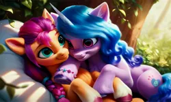 Size: 5120x3072 | Tagged: safe, ai content, derpibooru import, machine learning generated, prompter:kluknawa235, stable diffusion, izzy moonbow, sunny starscout, earth pony, pony, unicorn, g5, chest fluff, duo, duo female, ear fluff, female, generator:pony diffusion v6 xl, generator:purplesmart.ai, image, jpeg, lying down, mare, smiling, snuggling