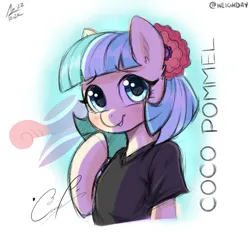 Size: 1200x1200 | Tagged: safe, artist:aer0 zer0, derpibooru import, coco pommel, earth pony, pony, semi-anthro, clothes, female, flower, flower in hair, g4, image, jpeg, mare, shirt, simple background, smiling, solo, solo female, t-shirt, white background