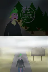 Size: 1284x1924 | Tagged: safe, artist:dreamy-tommy, derpibooru import, spike, dragon, adult, adult spike, clothes, comic, crossover, fog, forest, hoodie, image, implied rarity, implied shipping, implied sparity, implied straight, nature, older, older spike, png, sign, silent hill, speech bubble, tree