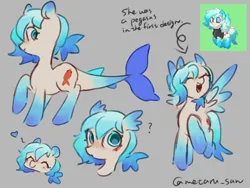 Size: 4096x3072 | Tagged: safe, artist:metaruscarlet, derpibooru import, oc, oc:beach crystal, unofficial characters only, merpony, original species, pegasus, pony, pony town, clothes, english, eyes closed, fish tail, gray background, heart, image, open mouth, pegasus oc, png, question mark, simple background, spread wings, tail, wing ears, wings