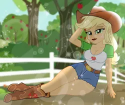 Size: 9582x8052 | Tagged: safe, artist:emeraldblast63, derpibooru import, applejack, equestria girls, applebucking thighs, boots, breasts, cleavage, clothes, cowboy hat, freckles, hat, image, lens flare, lipstick, png, shoes, sweet apple acres, thighs, thunder thighs, wide hips