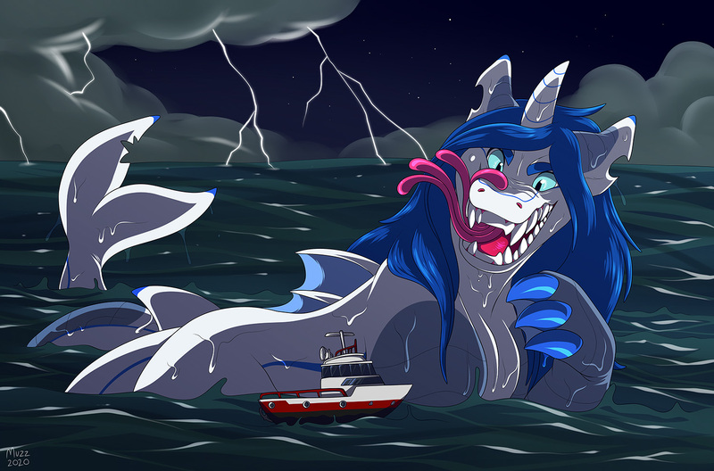 Size: 1500x990 | Tagged: source needed, safe, artist:muzz, derpibooru import, oc, oc:prince nova, unofficial characters only, hybrid, shark, unicorn, dorsal fin, fangs, fin, fins, fish tail, flowing mane, image, jpeg, long tail, ocean, scales, swimming, tail, water