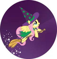 Size: 254x262 | Tagged: safe, artist:daniel jorge conci, derpibooru import, official, fluttershy, pegasus, pony, broom, cape, circle background, clothes, female, flying, flying broomstick, g4, hat, image, jpeg, mare, panini, solo, sparkles, spread wings, stock vector, wings, witch costume, witch hat