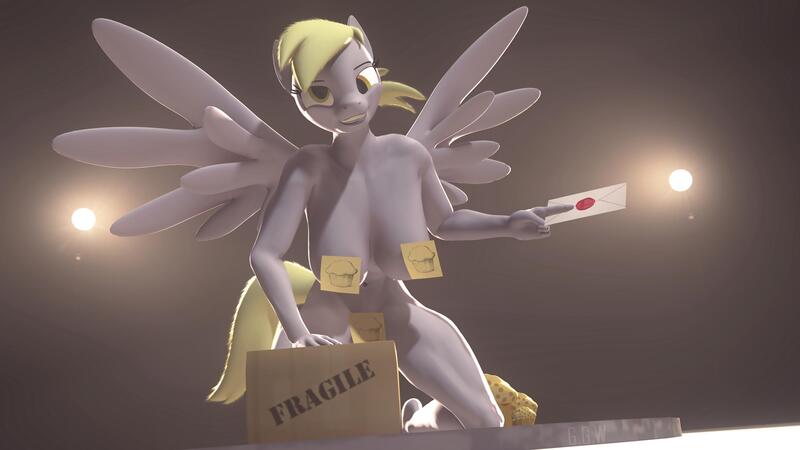 Size: 2880x1620 | Tagged: questionable, artist:generalwolf42, ponerpics import, derpy hooves, anthro, 3d, breasts, female, image, jpeg, sticky note