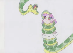 Size: 1024x746 | Tagged: safe, artist:reimon-master-ii, derpibooru import, sweetie belle, human, snake, equestria girls, :o, alternate hairstyle, clothes, coils, dress, duo, female, humanized, hypno eyes, hypnosis, hypnotized, image, jpeg, kaa, kaa eyes, male, open mouth, patting, smiling, wrapped up