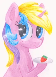 Size: 1863x2560 | Tagged: safe, artist:chevaleto, derpibooru import, holly dash, pony, unicorn, background pony, derpibooru exclusive, female, food, g4, holding, image, looking at you, plate, png, simple background, smiling, solo, strawberry, traditional art, watercolor painting