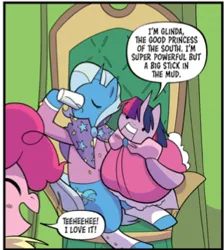 Size: 298x333 | Tagged: safe, artist:jenna ayoub, derpibooru import, idw, pinkie pie, trixie, twilight sparkle, pony, unicorn, clothes, comic, dialogue, doll, drink, drinking, drinking glass, duo, emerald castle, emerald city, female, g4, glass, glinda, glinda the good witch of the south, image, laughing, mare, my little pony classics reimagined: the unicorn of odd, official comic, oz, png, puppet, royal palace of oz, scarecrow, speech bubble, the scarecrow, the wizard of oz, throne, toy, ventriloquism, vetriloquism