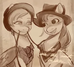 Size: 2261x2048 | Tagged: safe, artist:daisy_marshmallow, derpibooru import, queen haven, sunny starscout, earth pony, pegasus, pony, g5, adorahaven, bandana, clothes, cowboy hat, cute, duo, duo female, female, hat, image, lasso, lesbian, looking at each other, looking at someone, mane stripe sunny, monochrome, png, rope, ship:sunnyhaven, shipping, smiling, sunnybetes, text