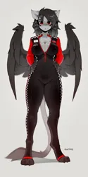 Size: 1500x3000 | Tagged: suggestive, artist:zlatavector, derpibooru import, oc, oc:noctis vanguard, unofficial characters only, anthro, digitigrade anthro, hybrid, barely pony related, big breasts, bodysuit, breasts, cleavage, clothes, erect nipples, female, hybrid oc, image, looking at you, nipple outline, paws, png, race queen, simple background, sketch, smiling, solo, spread wings, trade, white background, wings