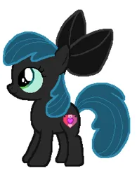 Size: 486x622 | Tagged: safe, anonymous artist, derpibooru import, apple bloom, queen chrysalis, changeling, earth pony, pony, black bow, female, filly, foal, image, palette swap, png, recolor, smiling, solo, solo female