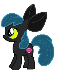 Size: 486x621 | Tagged: artist needed, safe, anonymous artist, derpibooru import, apple bloom, queen chrysalis, earth pony, pony, black bow, female, filly, foal, image, palette swap, png, recolor, smiling, solo, solo female, ultimate chrysalis