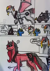 Size: 1622x2272 | Tagged: oc name needed, safe, artist:voraciosangel, derpibooru import, oc, oc:thunder lightning, oc:traga, unofficial characters only, bat pony, unicorn, comic, image, implied vore, jpeg, text, traditional art, working