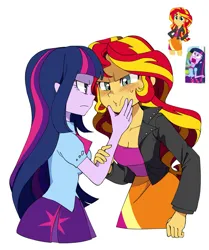Size: 1945x2325 | Tagged: safe, artist:cheesesauce_45, derpibooru import, sunset shimmer, twilight sparkle, human, equestria girls, annoyed, blush lines, blush sticker, blushing, breasts, cleavage, duo, duo female, exploitable meme, face grab, female, frown, furrowed brow, g4, image, jpeg, looking at each other, looking at someone, meme, reference, simple background, twiscream, white background