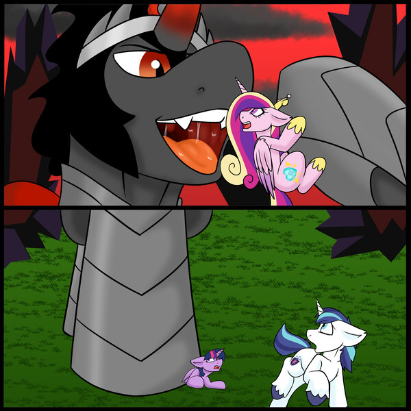 Size: 1920x1920 | Tagged: questionable, artist:noblebrony317, derpibooru import, king sombra, princess cadance, shining armor, twilight sparkle, alicorn, pony, unicorn, fall of the crystal empire, female, femsub, giant pony, image, imminent vore, jpeg, macro, male, maledom, malesub, mawshot, micro, open mouth, pinned, pinned down, running, running away, scared, submissive, this will end in vore, tiny, tiny ponies, tongue out, underhoof, unwilling prey, uvula, vore